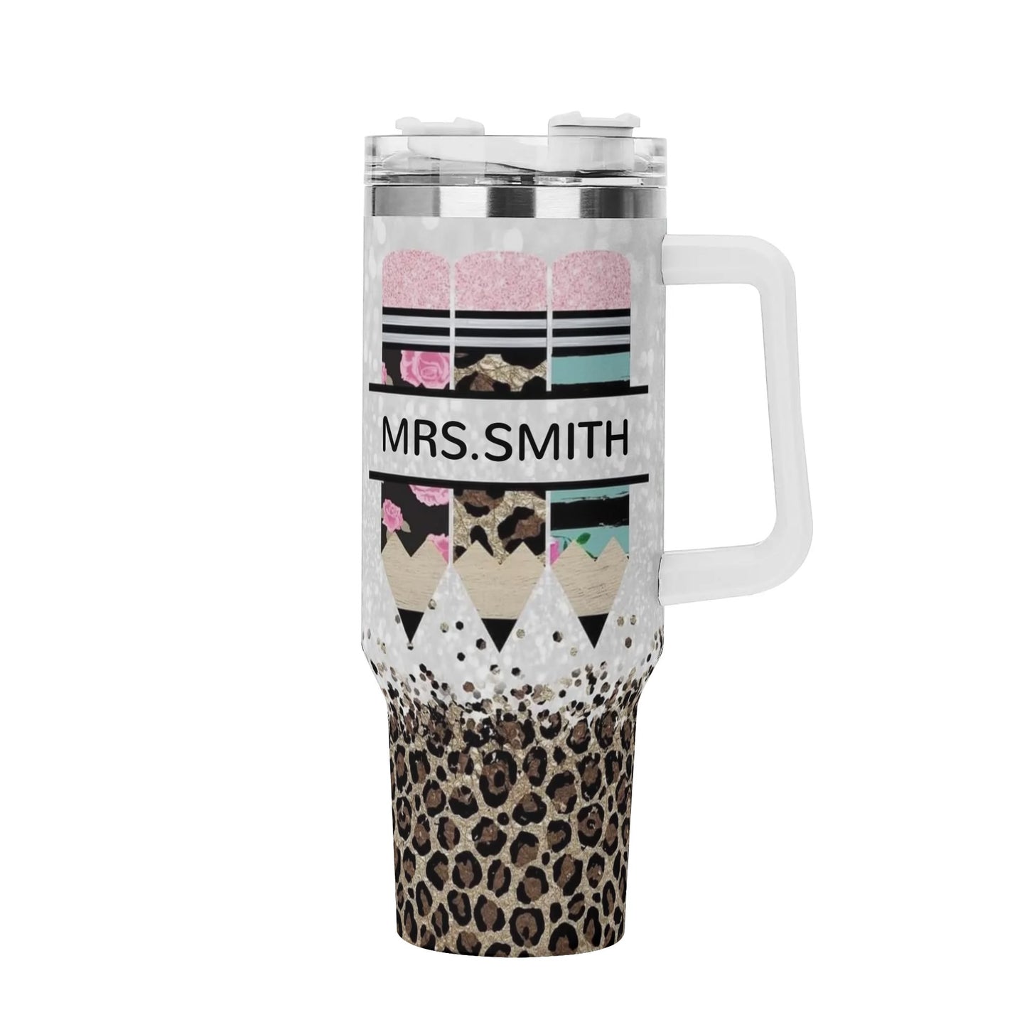 Personalized 40oz Stainless Steel Tumbler Gift With White Handle and Straw