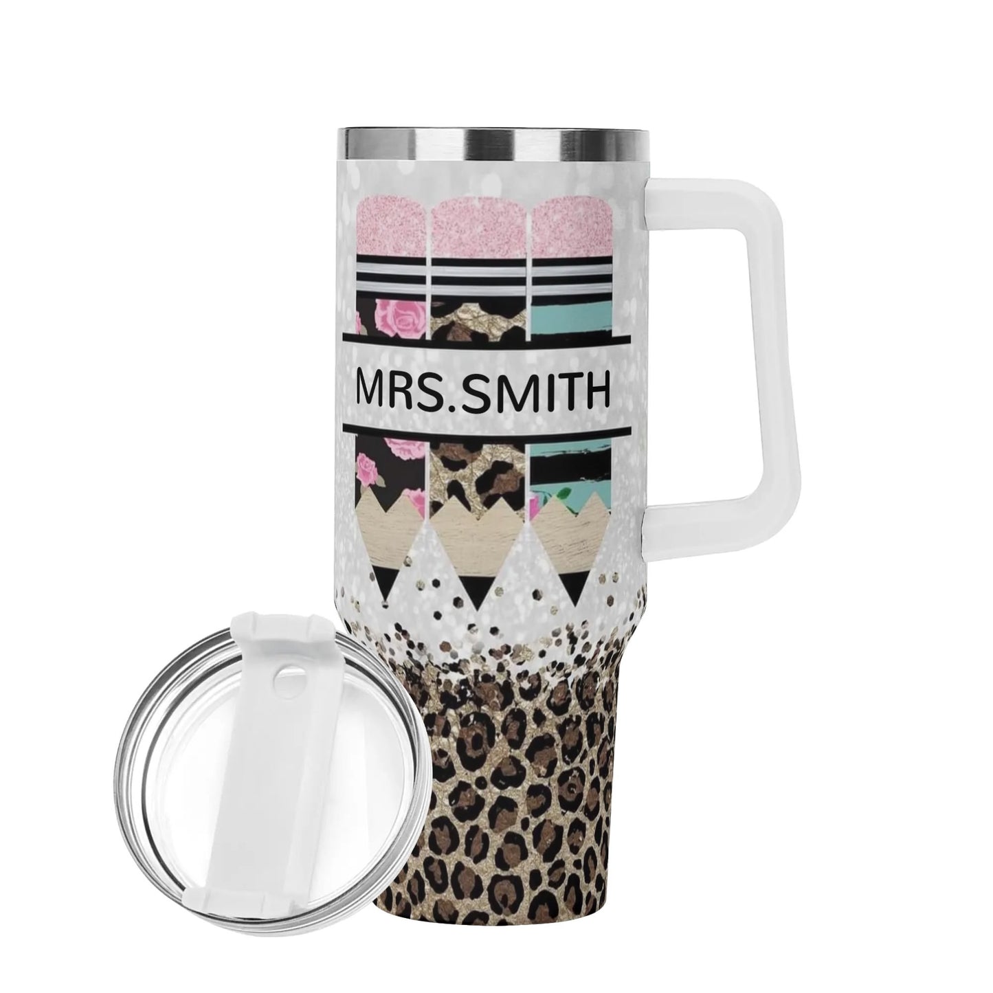 Personalized 40oz Stainless Steel Tumbler Gift With White Handle and Straw