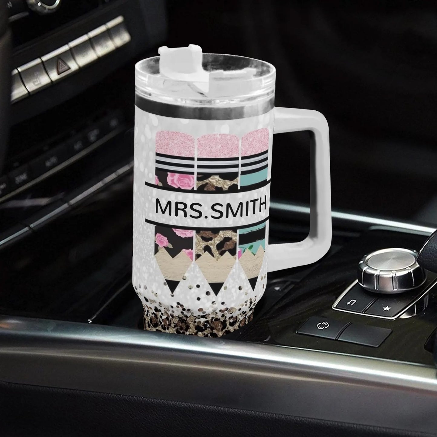 Personalized 40oz Stainless Steel Tumbler Gift With White Handle and Straw