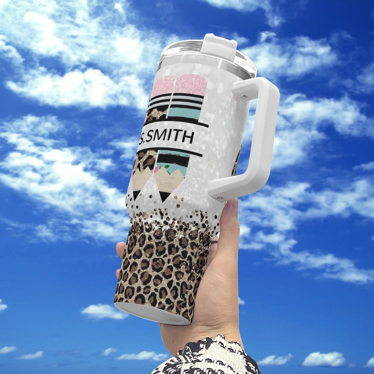 Personalized 40oz Stainless Steel Tumbler Gift With White Handle and Straw